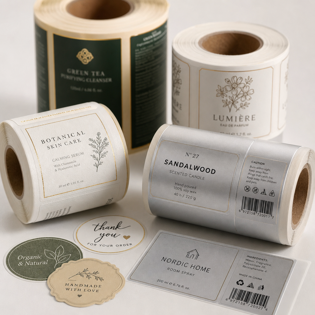 Close-up detail of roll labels in waterproof and matte silver materials