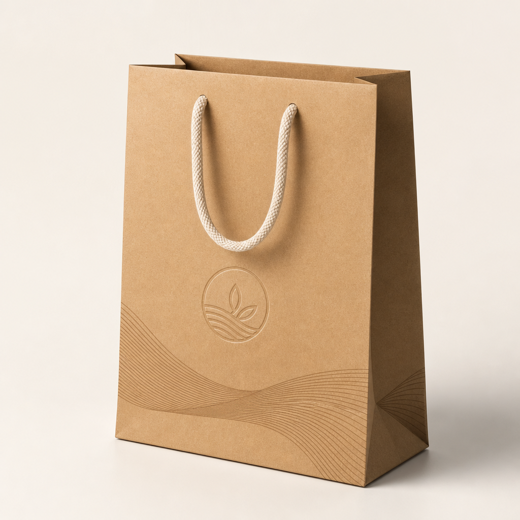 Close-up of a branded matte-finish paper shopping bag with cotton rope handles