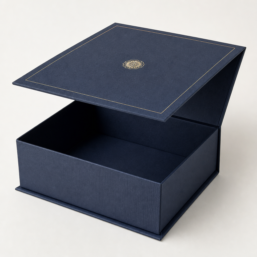 Close-up of an elegant rigid gift box with a magnetic flap closure