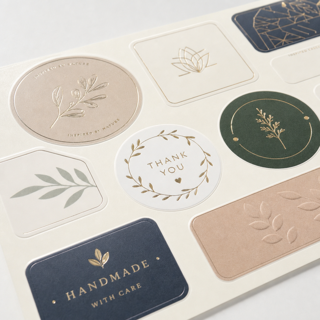Close-up of die-cut sticker sheets with clean adhesive finishing