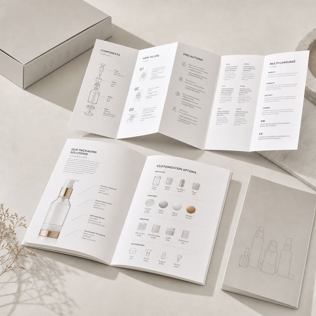 Printed instruction leaflet and insert sample unfolded on a neutral tabletop, showing multilingual layout and paper texture