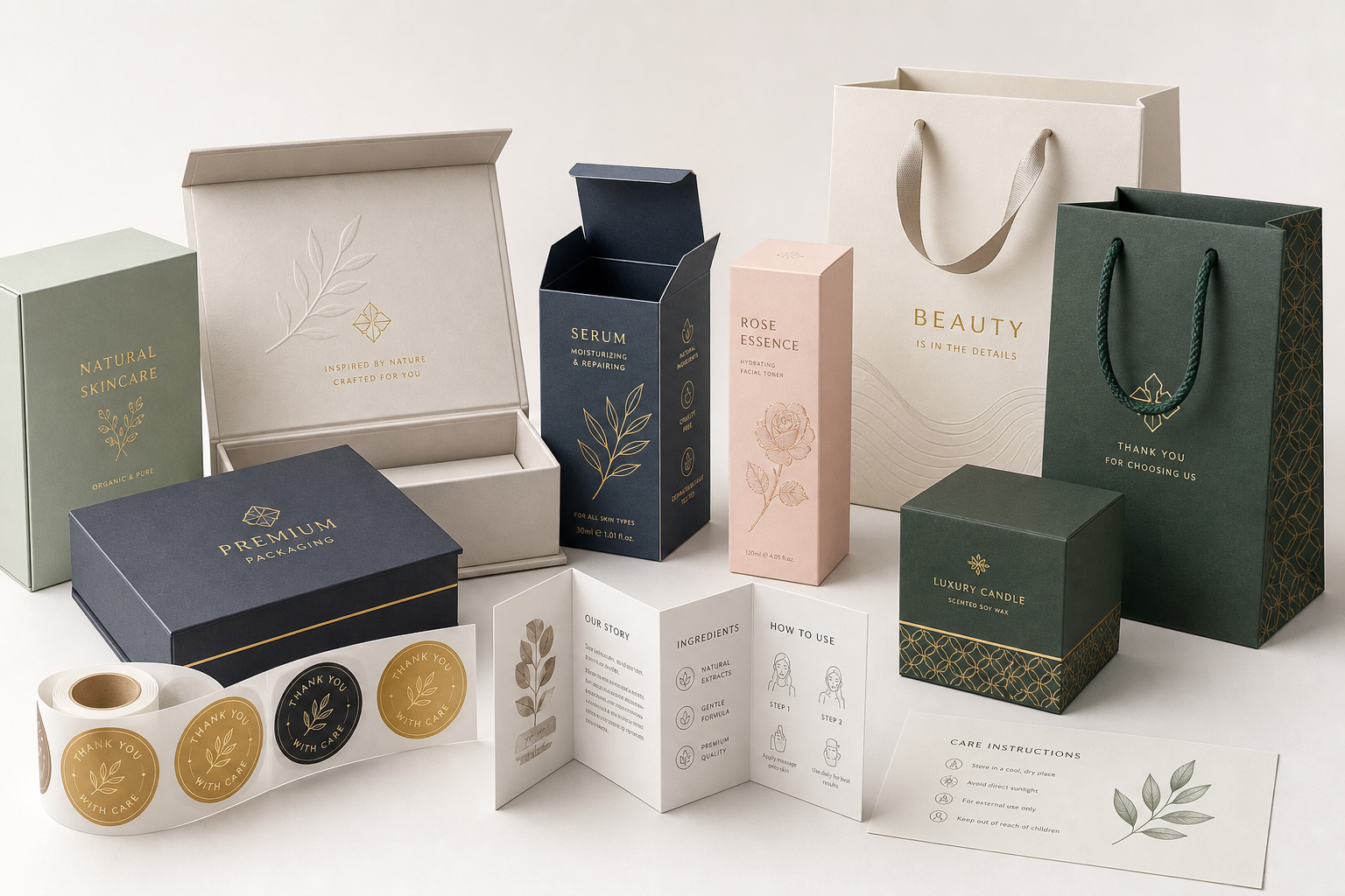 Premium packaging product showcase featuring folding cartons, gift boxes, paper bags, and fine finishing details such as foil stamping