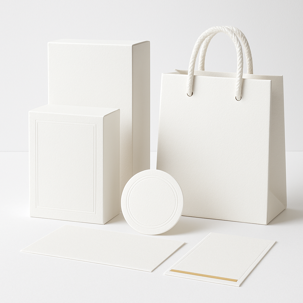 Coordinated packaging family with kraft paper bags, matte folding cartons, and premium labels arranged to show texture clarity and print registration detail