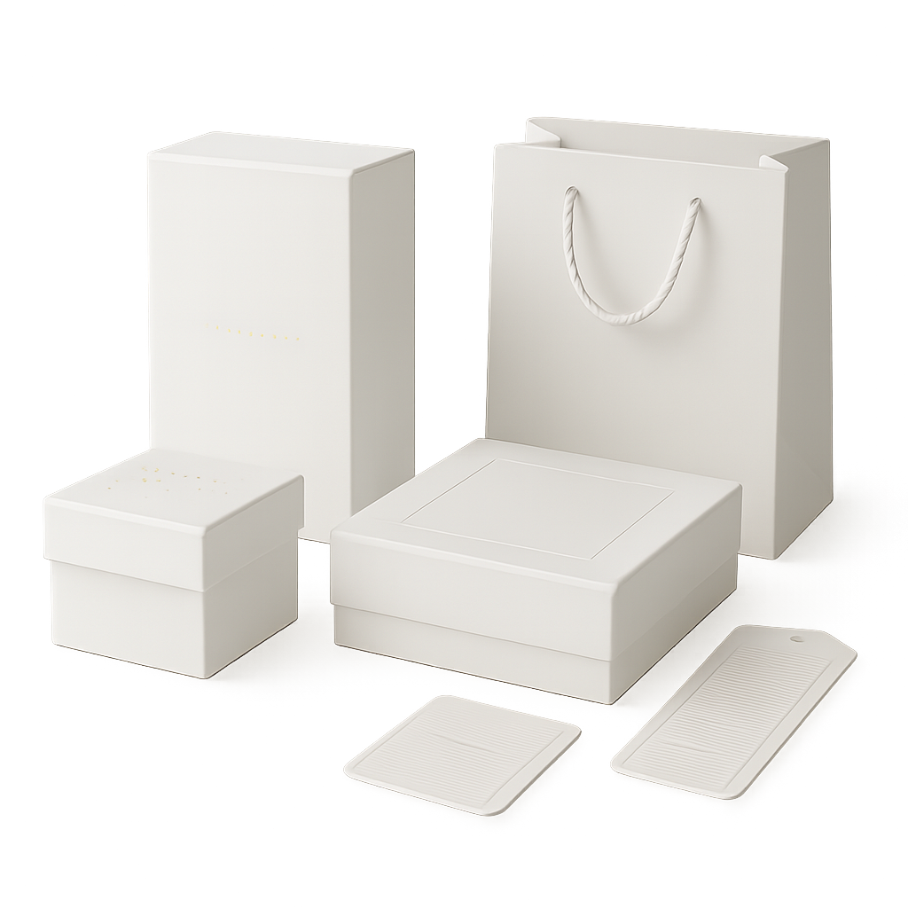 Structured display of navy and ivory rigid gift boxes with precise corners, magnetic closures, and satin foil branding on a neutral studio set