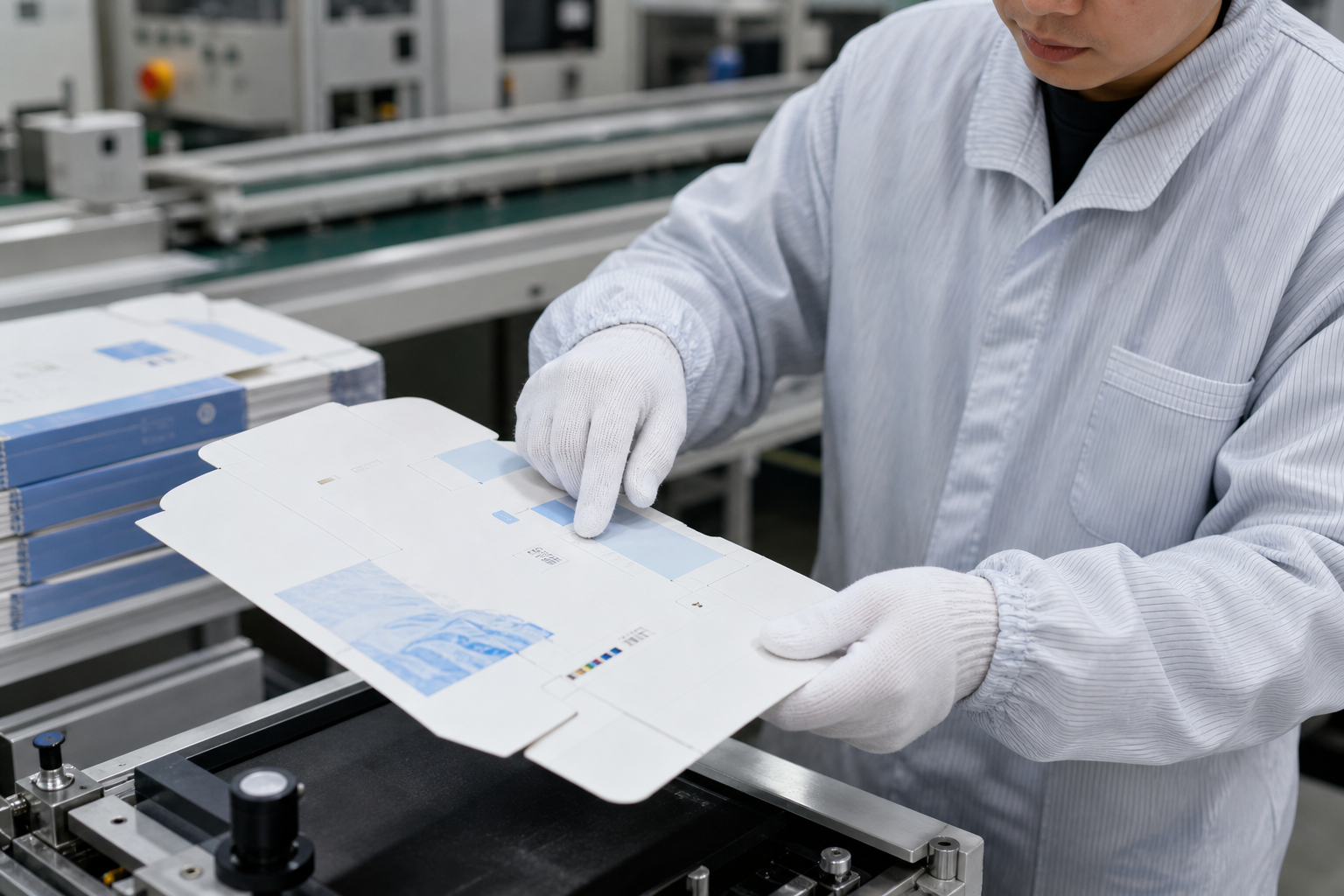 Packaging process detail: a quality inspector checks carton creasing lines and print registration on the production line