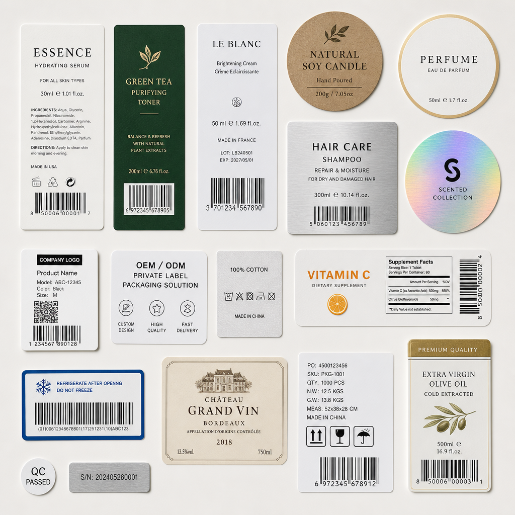 Product label sample sets arranged neatly on a neutral surface, with clear print precision and field readability