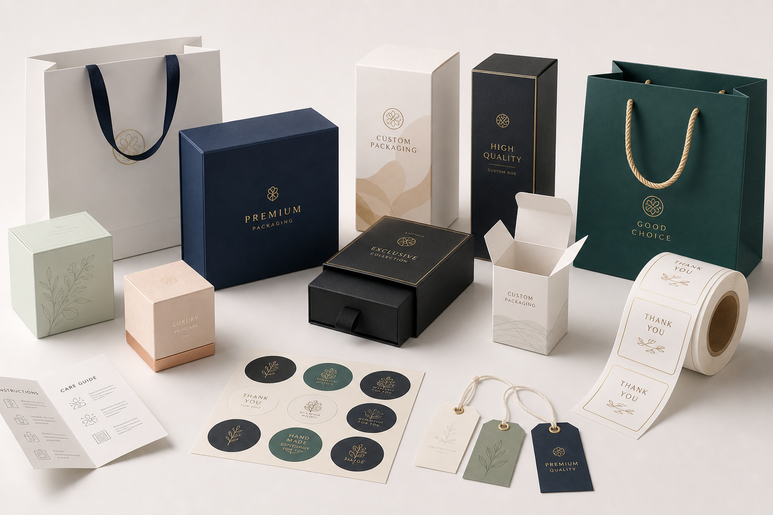 Close-up collage of neatly arranged packaging samples including cartons, gift boxes, paper bags, and labels