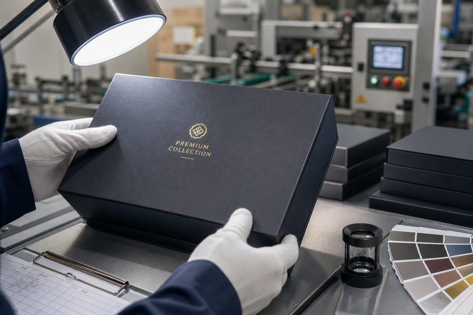 Close-up of packaging sample craftsmanship: crease lines on dark gift box corners and hot-foil text being inspected on a factory quality bench
