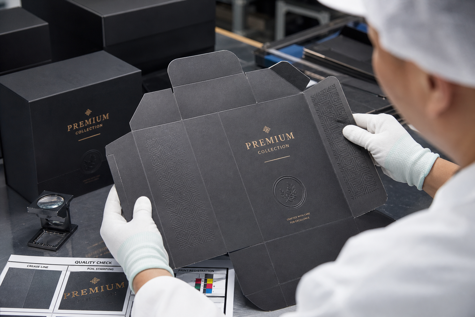 Close-up quality check of a premium folding box sample, reviewing crease lines, foil text, and print registration on a factory inspection table