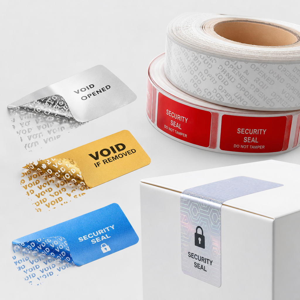 Tamper-evident sticker and seal samples on a clean background, with adhesive layer and surface finishing details visible