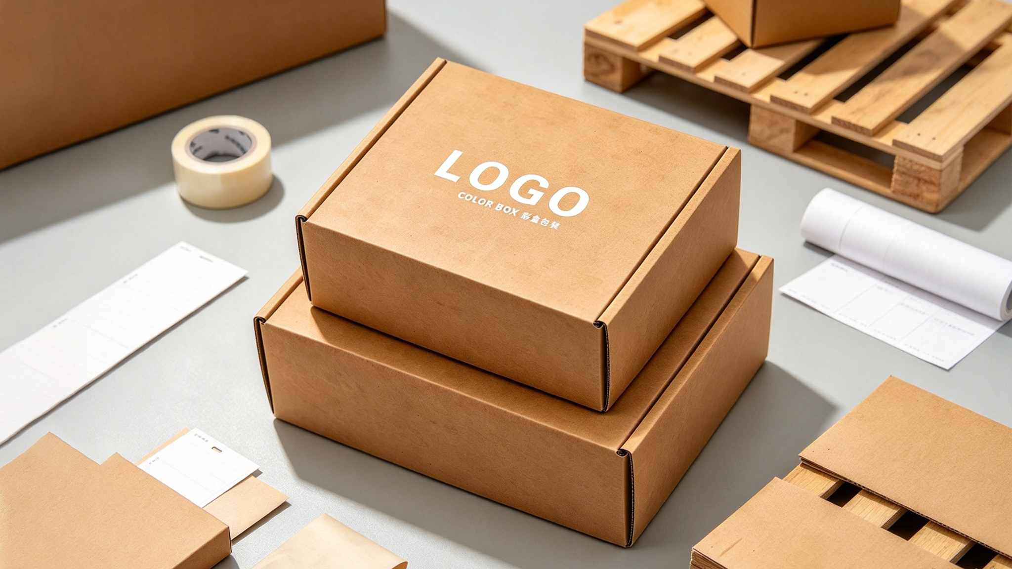 Folding carton packaging samples displayed on a clean studio surface, showing print quality and structural finish