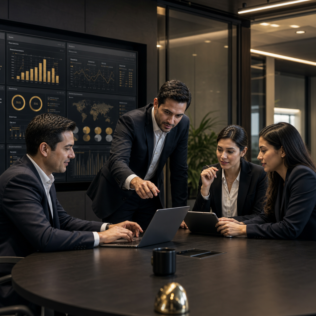 Equipo tecnológico en una sala de reuniones moderna analizando dashboards y arquitectura digital