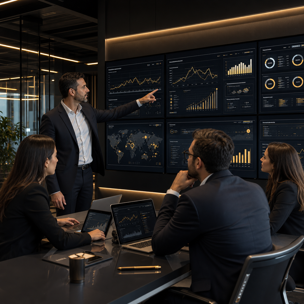 Equipo ejecutivo de tecnología revisando una pantalla con paneles de datos en una sala moderna