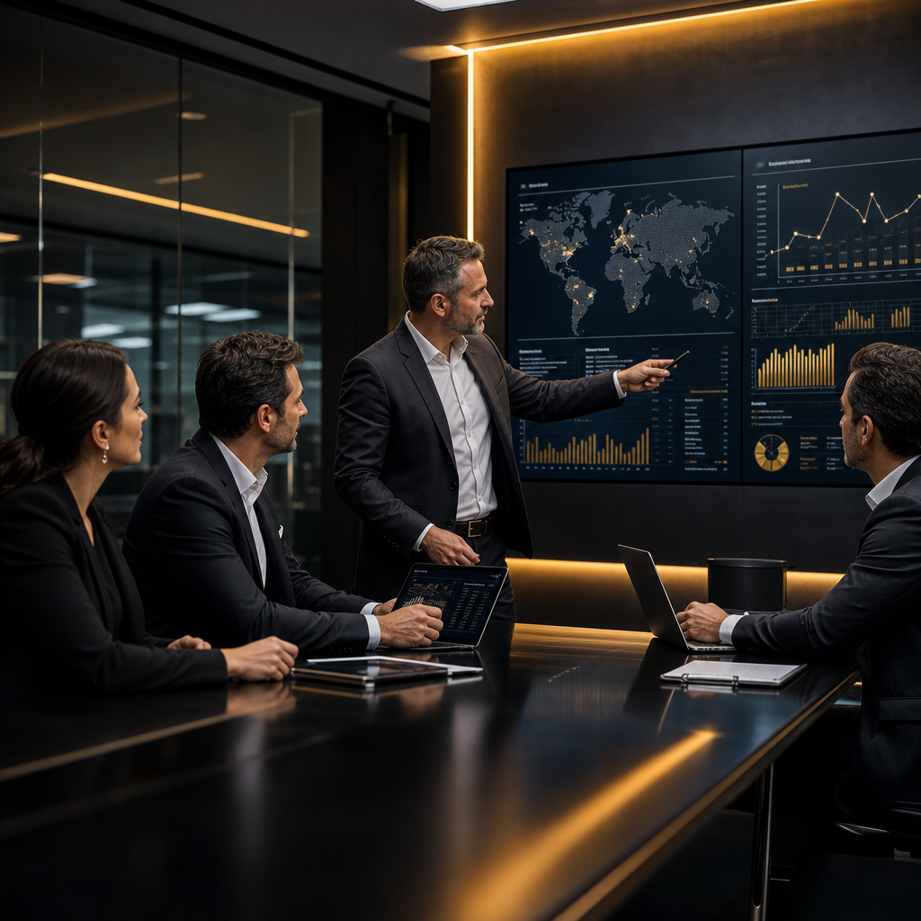 Ejecutivos tecnológicos revisando un tablero digital en una sala corporativa moderna