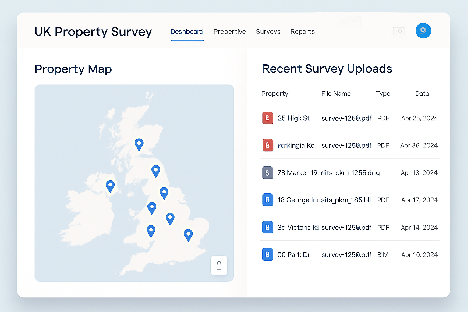 Surway dashboard screenshot with property map and document management interface