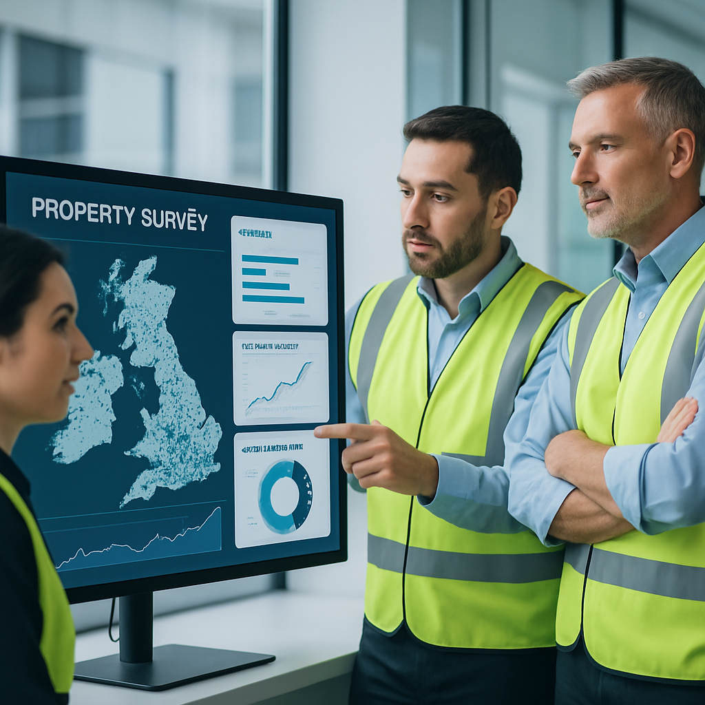 Professional UK property survey dashboard with digital map and confident surveyors at work, modern office setting