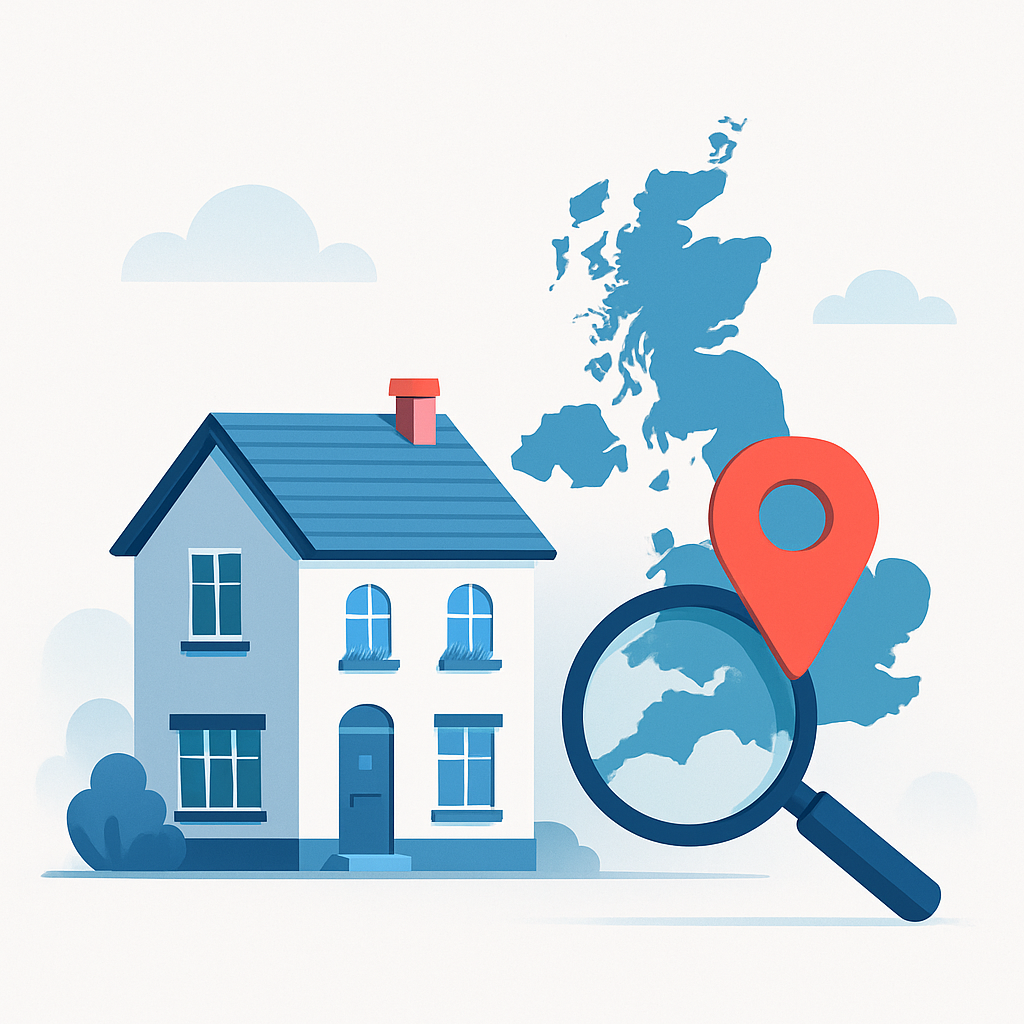 Illustration representing UK property search with house, map, and location pin