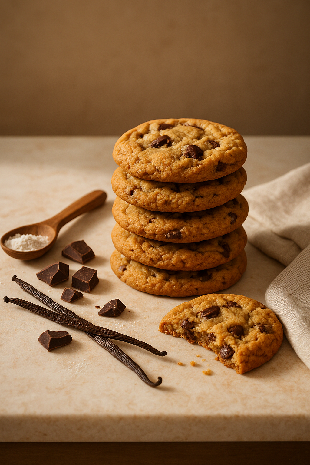 Editorial still life of artisan cookies on a marble counter with vanilla pods, chocolate pieces, and warm bakery light