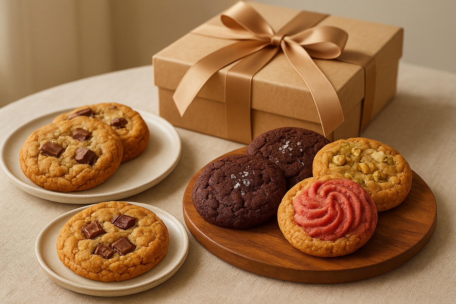 Elegant assortment of gourmet bakery cookies arranged on refined serving boards with warm natural lighting