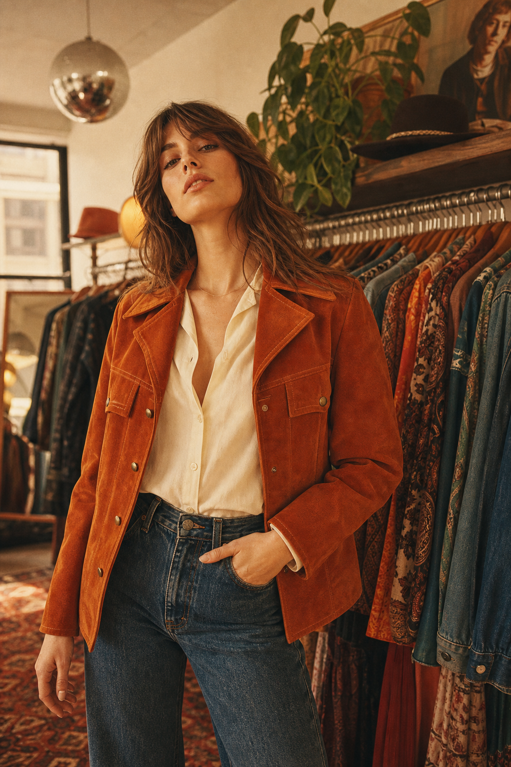 Editorial fashion portrait of a model in a burnt orange suede jacket and high-waisted denim, styled in a 70s inspired boutique setting with warm film lighting