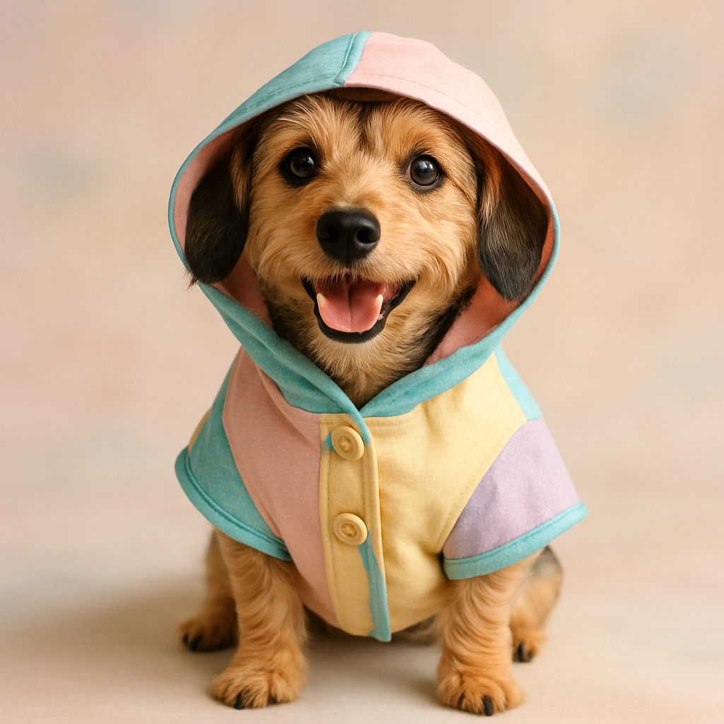 Happy small dog in a pastel raincoat, sitting and looking at camera, on a soft background