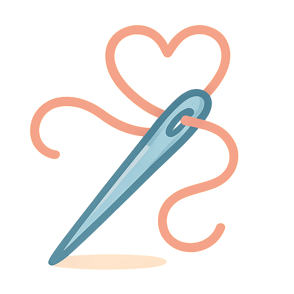 Handmade Quality icon: a sewing needle with thread and a heart