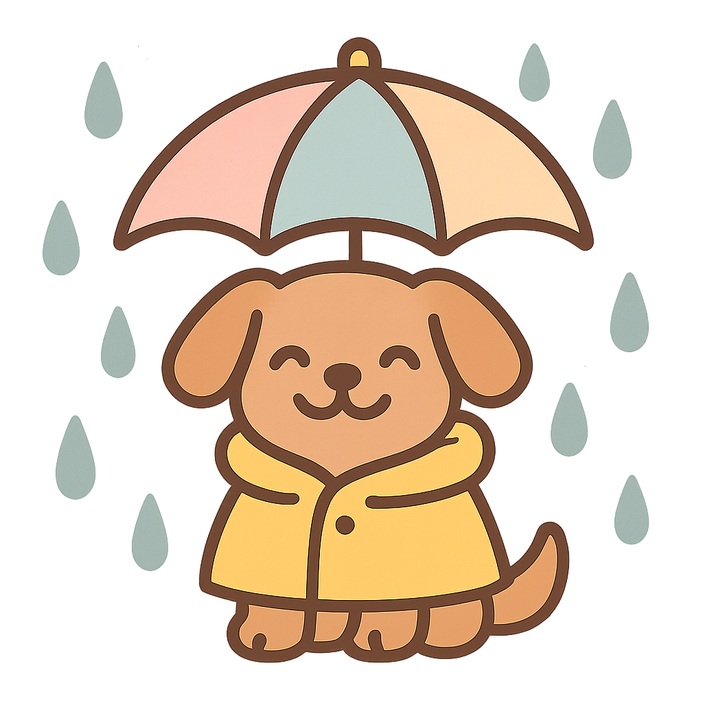 Weatherproof icon: a dog in a raincoat under an umbrella with raindrops