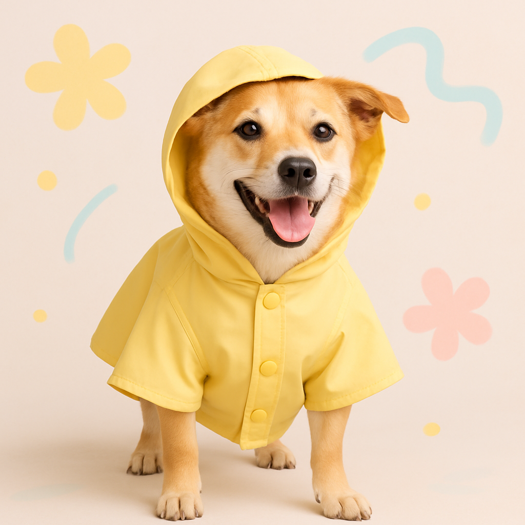 Pastel yellow dog raincoat with a cheerful pup model