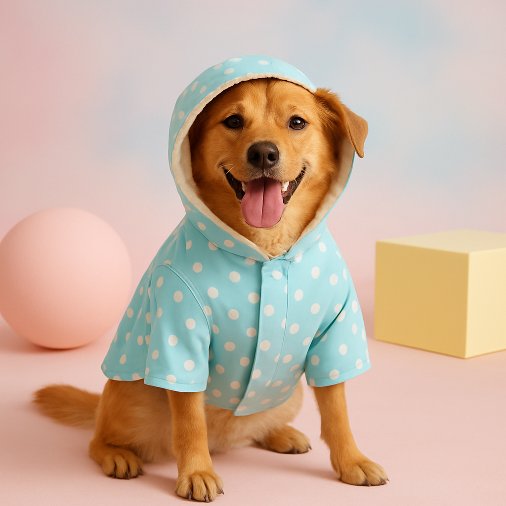 Blue dog raincoat with white polka dots