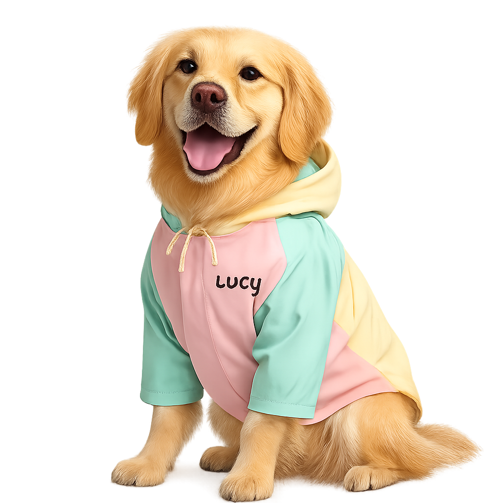 Lucy the golden retriever in a raincoat