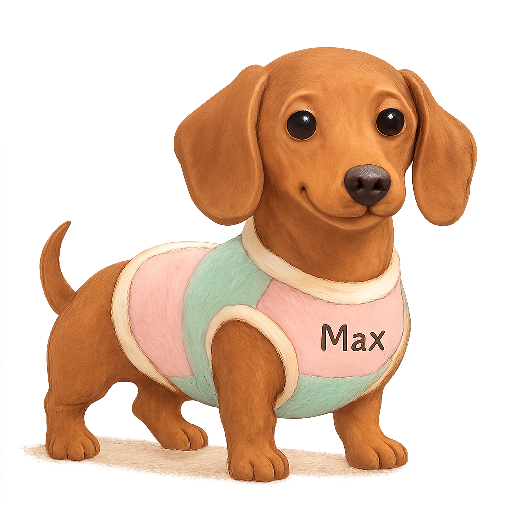 Max the dachshund wearing a vest