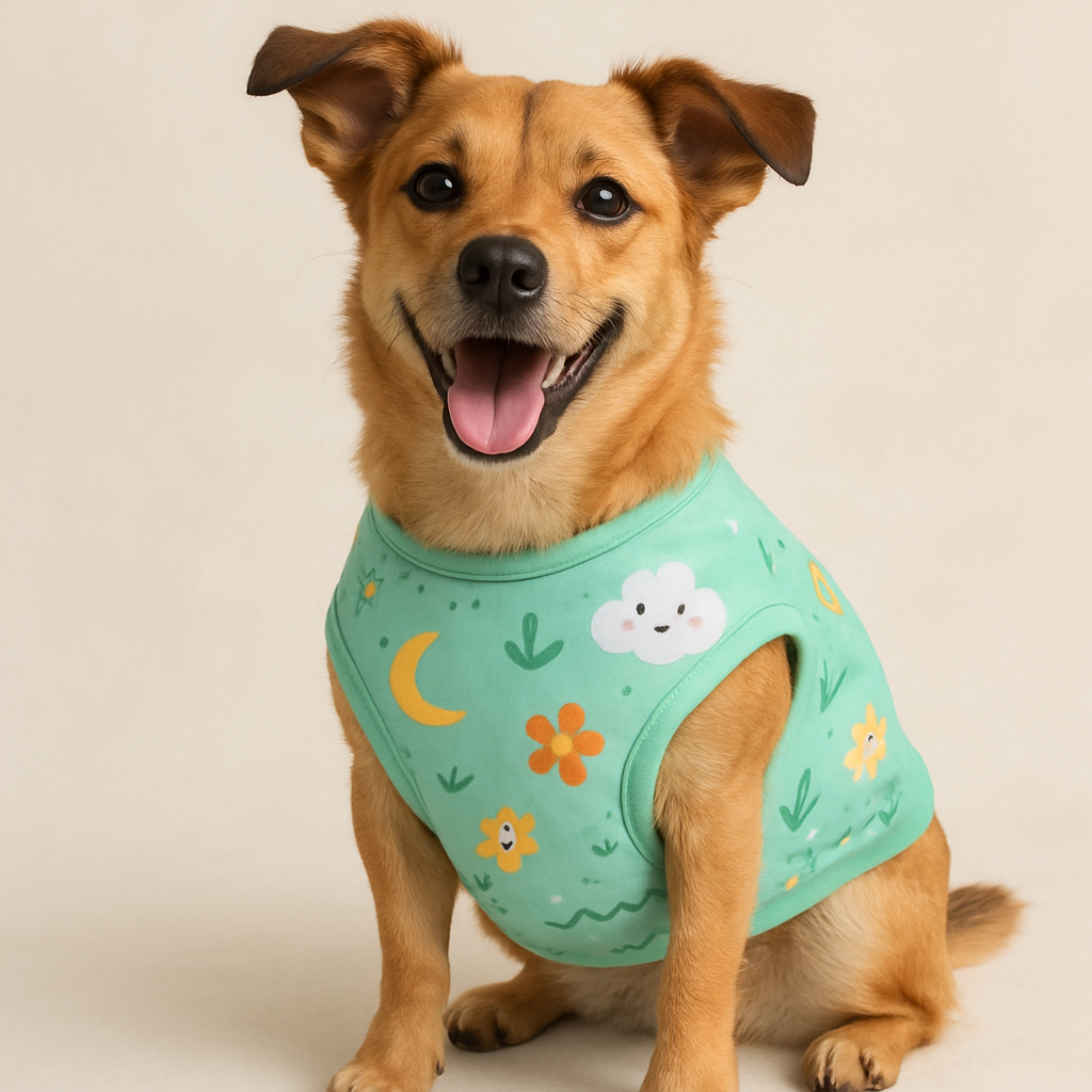 Mint green dog vest with playful pattern