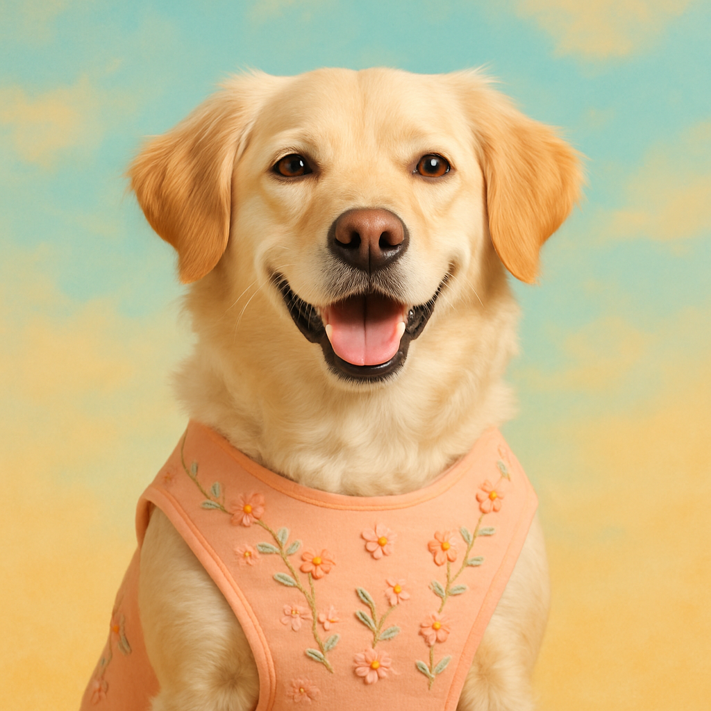Peach-colored dog vest with floral embroidery