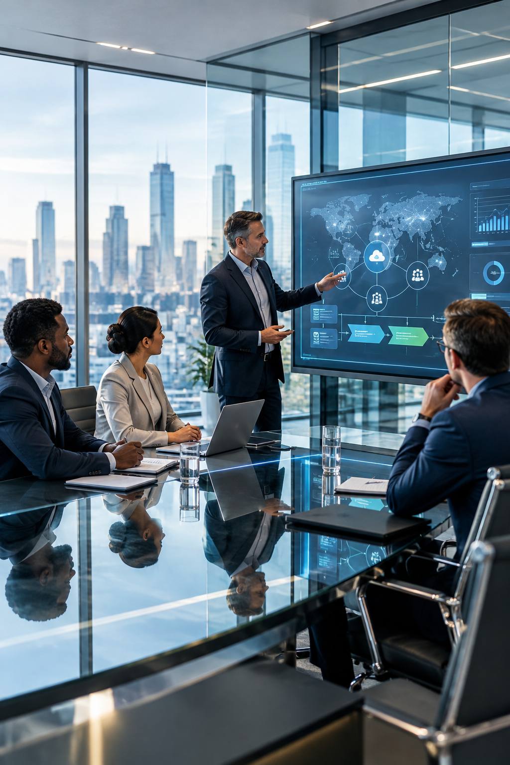 Senior business and technology leaders reviewing a digital transformation roadmap in a premium glass-walled boardroom with city skyline reflections