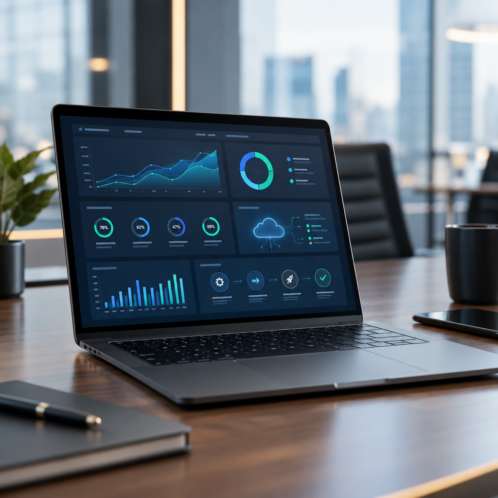 Close-up of a modern enterprise operations dashboard on a laptop showing portfolio performance metrics and cloud system signals