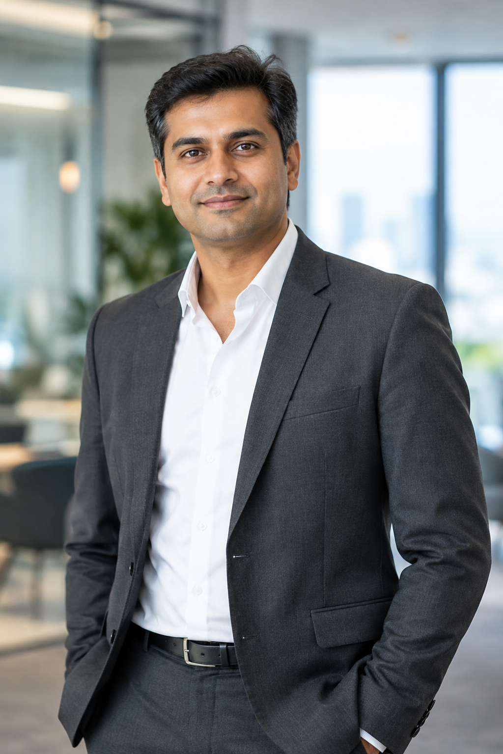 Professional South Asian male chief executive in charcoal suit and open-collar white shirt, modern office style portrait