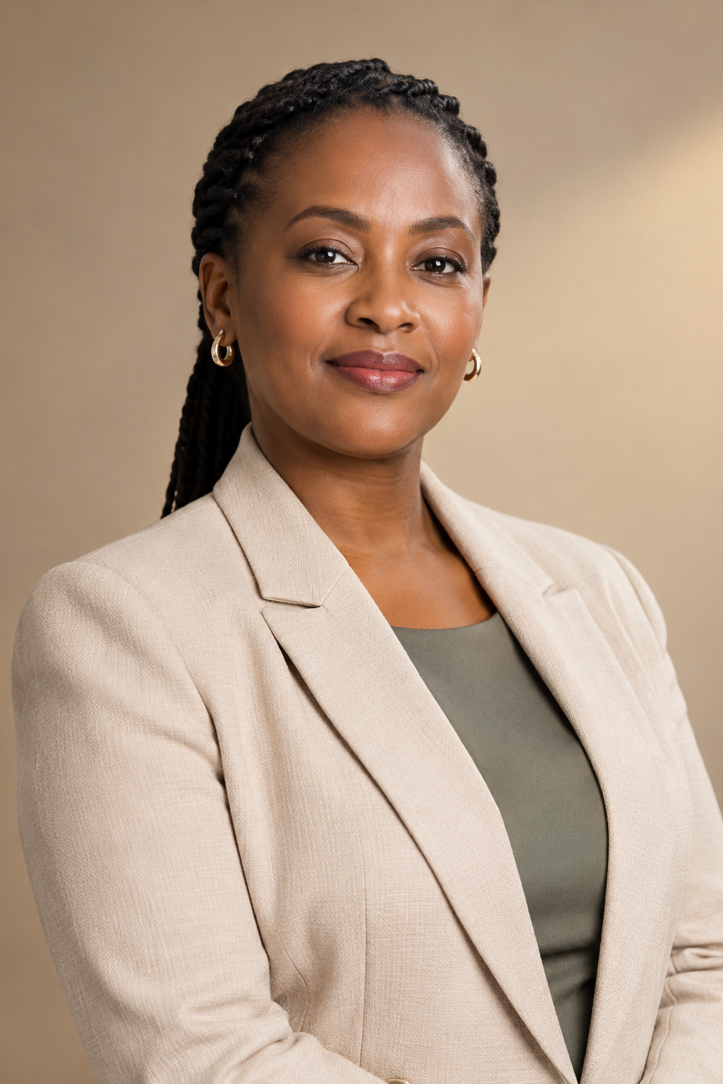 Senior East African woman operations leader in a beige structured jacket, calm expression, premium portrait lighting