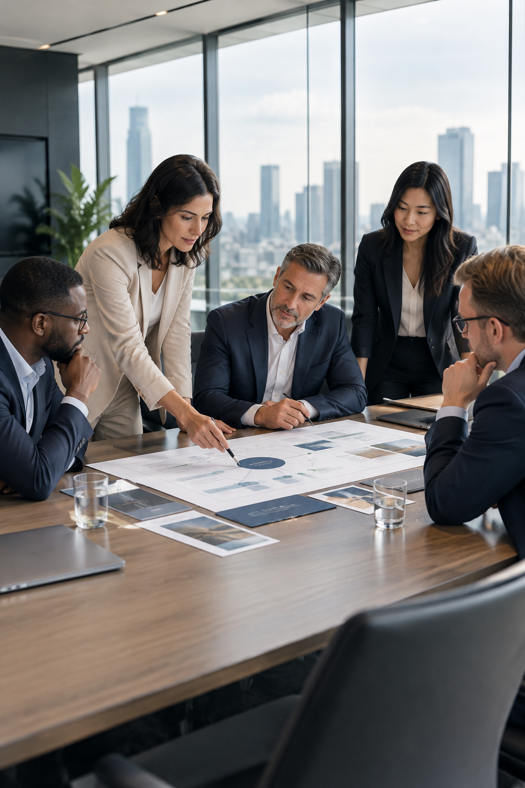 Executive leadership team in a refined boardroom reviewing a strategic portfolio roadmap