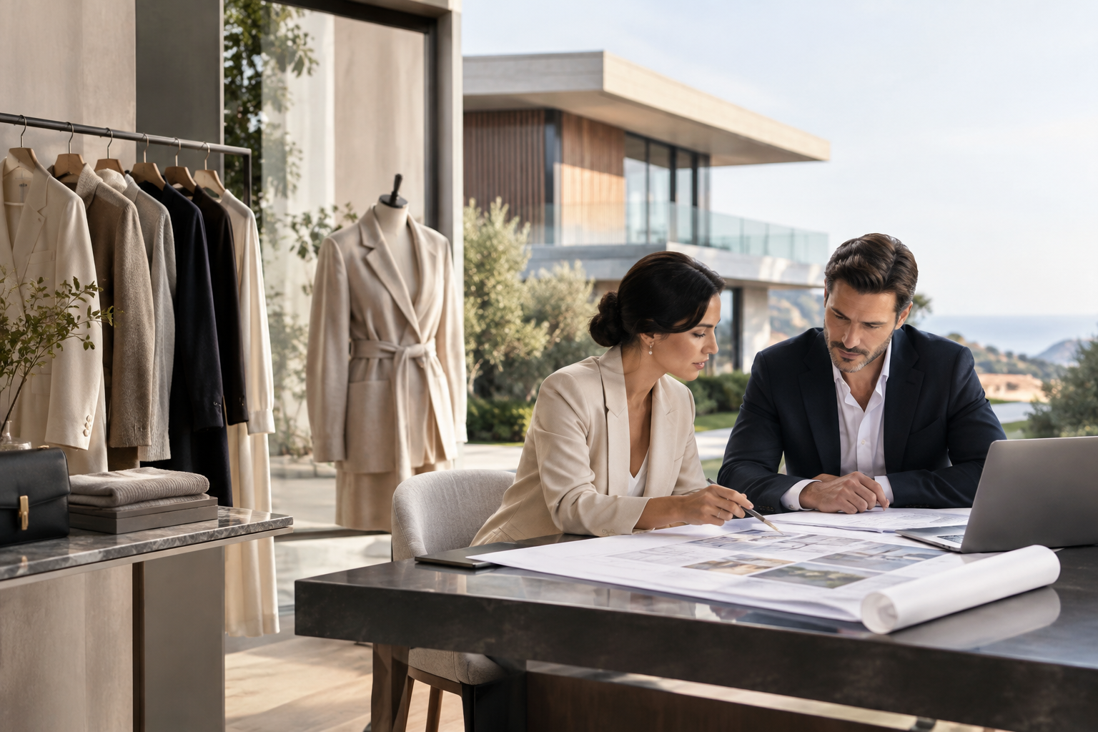 Premium lifestyle and commercial scene blending modern fashion styling, elegant property architecture, and collaborative business planning