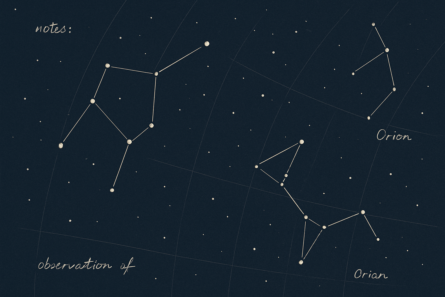 Calm night sky chart illustration with labeled constellation lines, subtle star field, and telescope observation notes layout