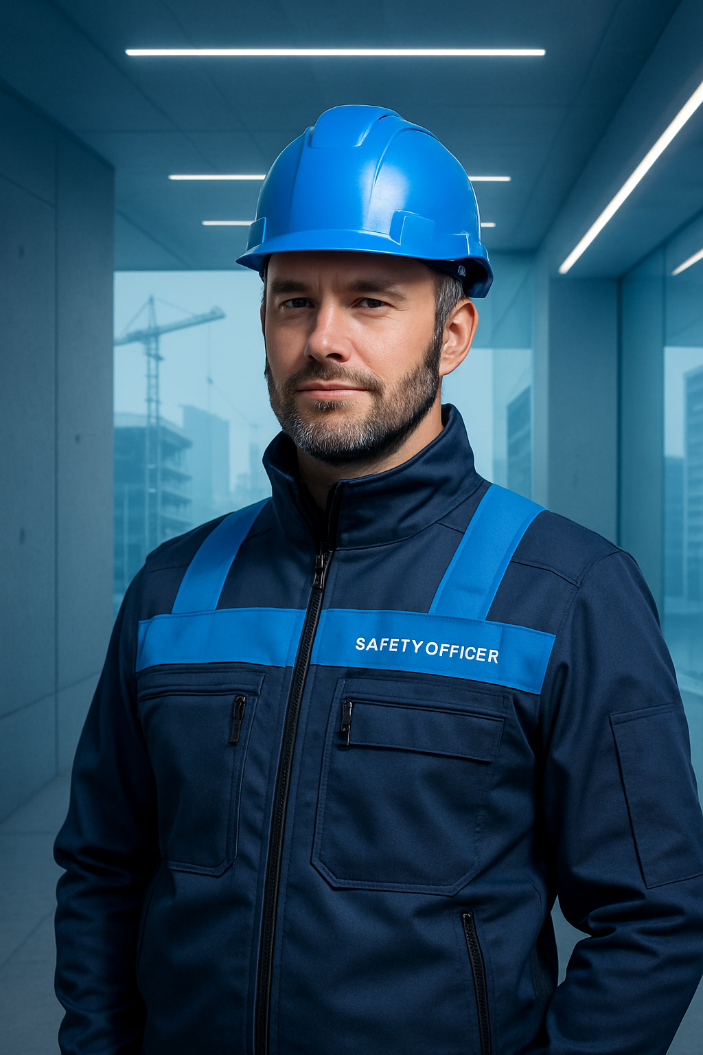Professional safety officer wearing a crisp blue helmet and modern safety uniform, standing confidently in a contemporary tech-inspired setting; lighting and colors match Meteor Safety's corporate blue accents and clean, modern aesthetic.