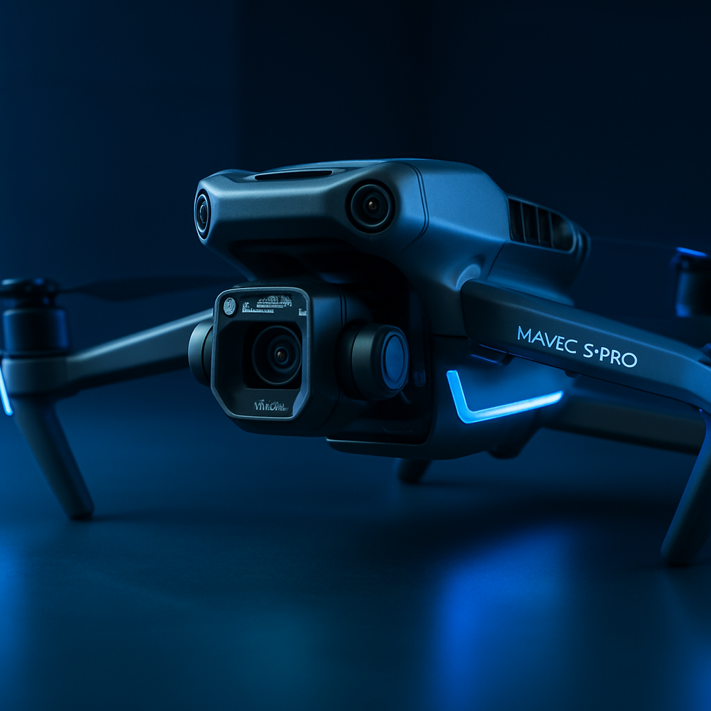 High-quality, modern photo of a DJI Mavic 3 Pro drone in a tech-inspired, clean setting. The drone is sharply focused, shown from a dynamic angle with crisp blue accent lighting, fitting Meteor Safety's professional and innovative brand style.
