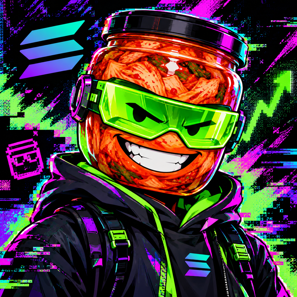 Chaotic Kimchi Intelligence mascot with neon goggles and glitch-styled kimchi jar head