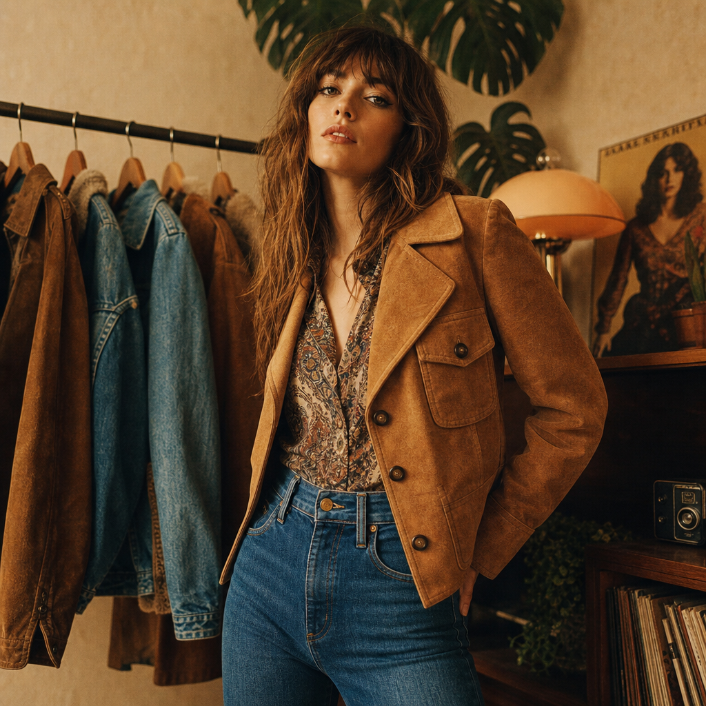 Vintage editorial portrait of a model in a 1970s suede jacket and high-waisted denim, warm film lighting