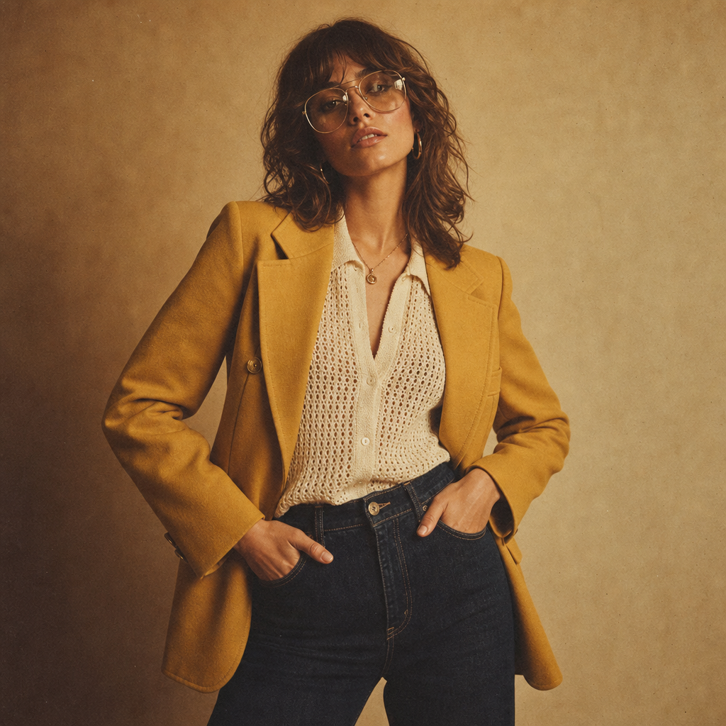 Warm film-style studio portrait of a model in a mustard blazer and high-waisted denim, softly lit with analog grain