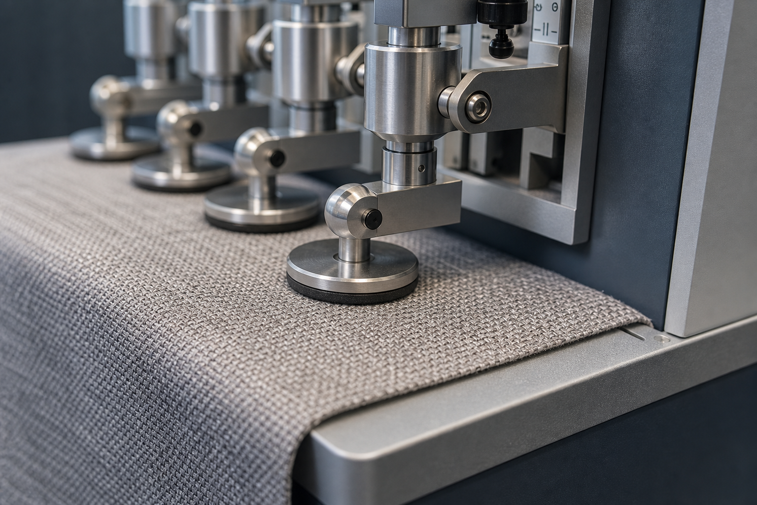 Close-up of a textile abrasion testing machine pressing against a woven curtain fabric