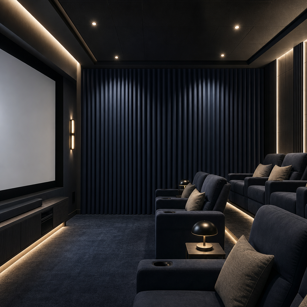Premium screening room with deep navy acoustic curtains, low lighting, and plush seating