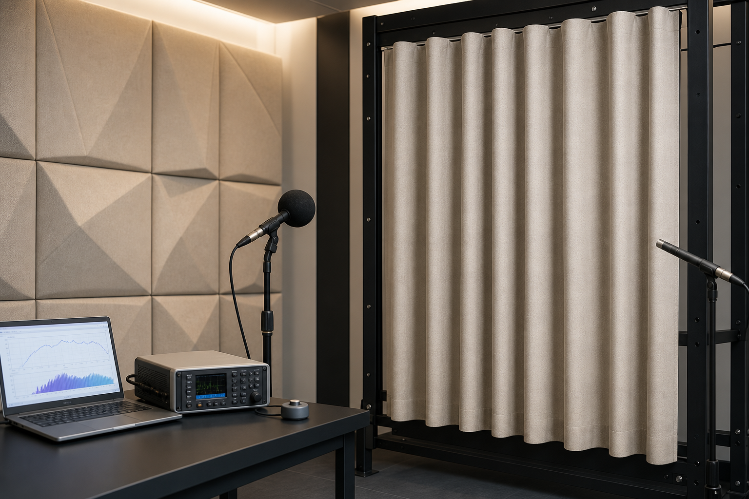 Acoustic test space with curtain fabric and sound-absorbing panels