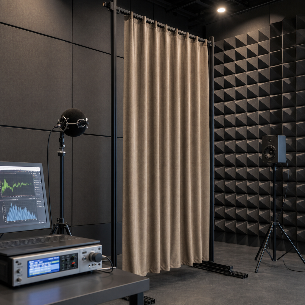 Acoustic testing lab with sound measurement equipment and curtain panels