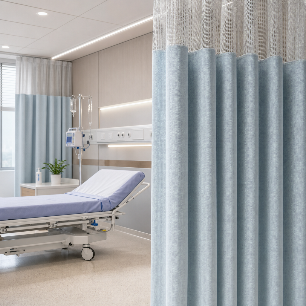 Clean medical clinic room with antibacterial curtains beside a treatment bed, showing a pristine, hygienic surface
